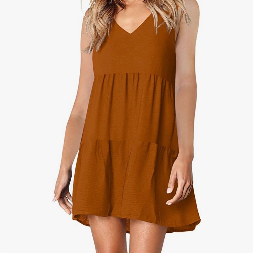 Amoretu Summer Sleeveless Dress for Women V Cover Up T-Shirt Dresses Caramel